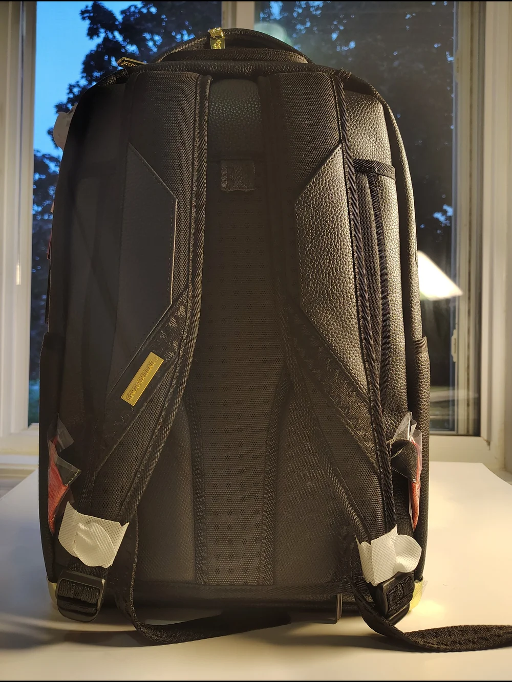 Sprayground Black Shark-Embossed Faux Leather Backpack with Gold Accents